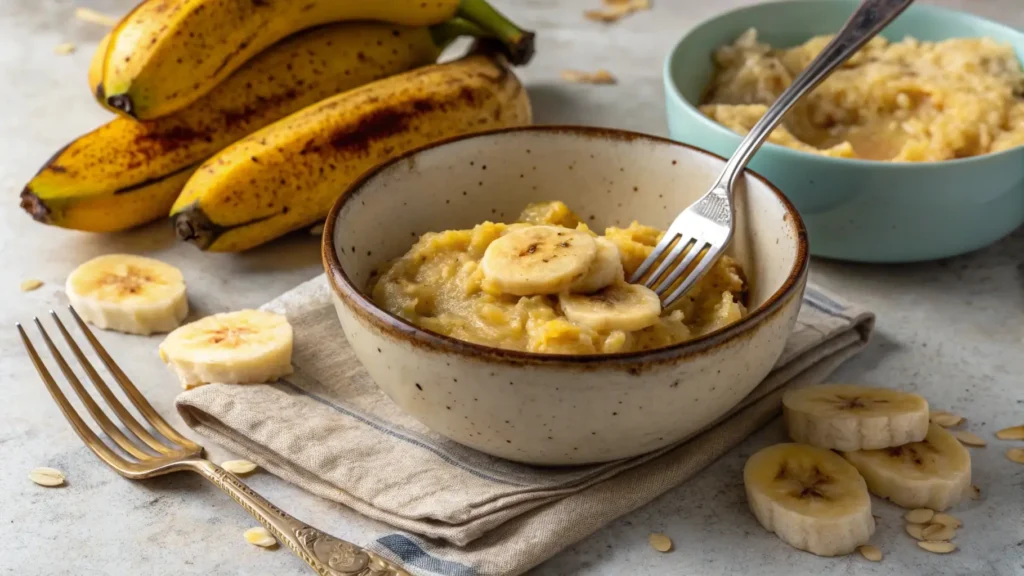 Mashed ripe bananas in a bowl, perfect for making banana bread.