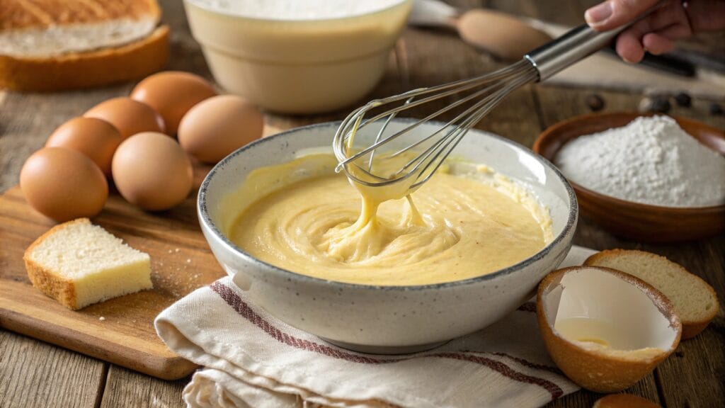 A bowl of custard mixture for chocolate chip bread pudding, featuring eggs, milk, sugar, and vanilla, ready to pour over bread.