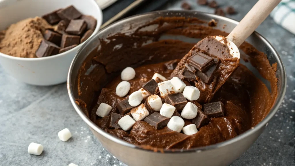 Close-up of heavenly hash brownies batter with chocolate chunks and marshmallows being stirred in a mixing bowl.