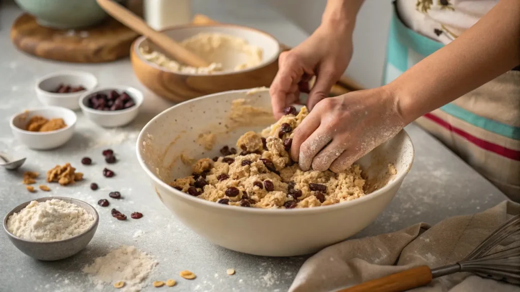 Step-by-step instructions for perfect oatmeal raisin cookies, showing dough mixing.