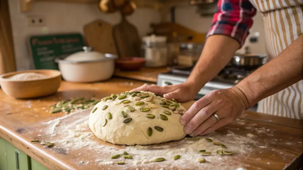 Hands kneading sunflower pumpkin seed bread dough, adding seeds for texture and flavor.