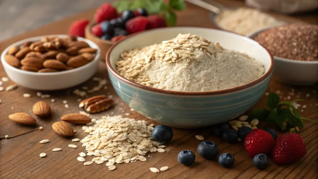 Close-up of oat flour, oats, and plant-based ingredients for preparing vegan oat cake, highlighting key components.