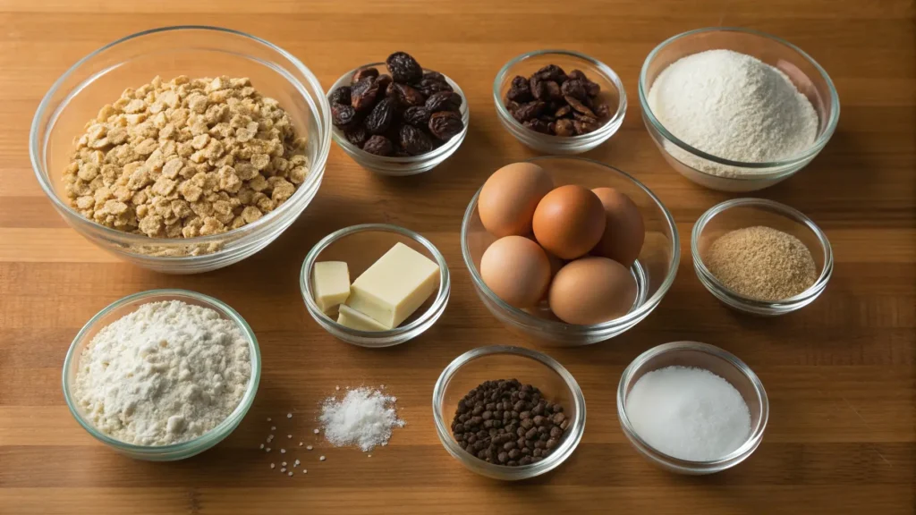 Essential ingredients for the best oatmeal raisin cookies, including oats, raisins, and butter.