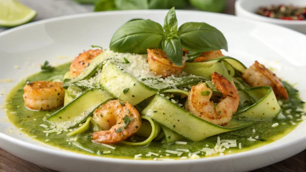 A vibrant plate of pesto langostino zucchini, showcasing the golden langostinos, fresh zucchini ribbons, and vibrant green pesto sauce, perfect for a healthy meal.