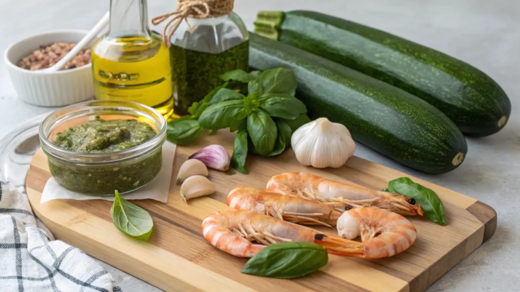 The fresh ingredients for Pesto Langostino Zucchini Recipes, including zucchini, langostinos, homemade pesto, olive oil, garlic, and basil leaves, ready for a delicious meal.