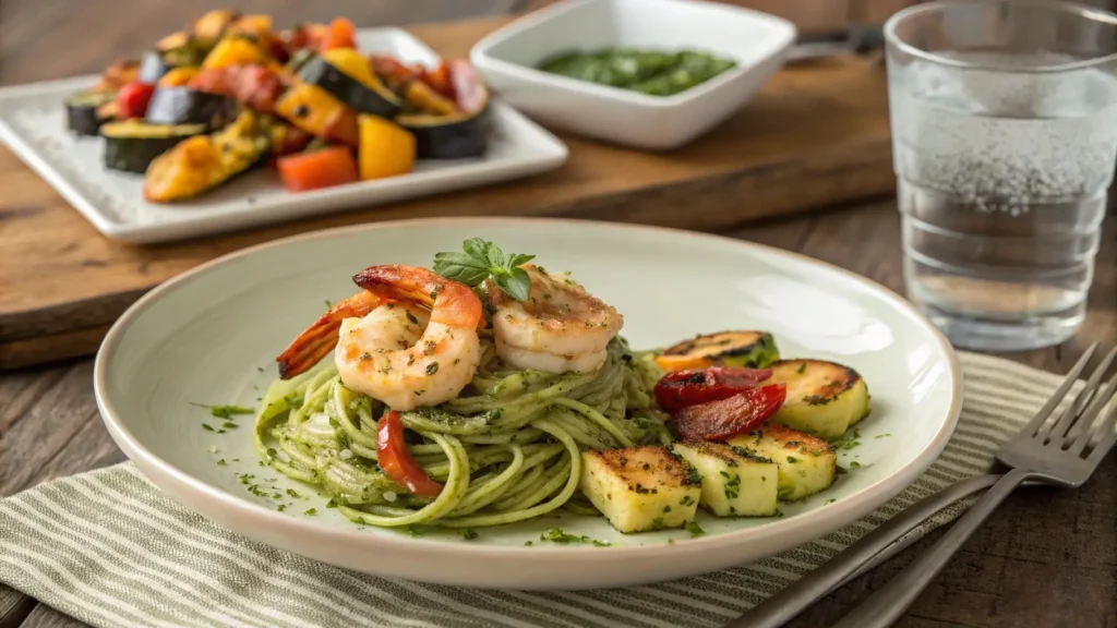 A beautifully plated pesto langostino zucchini with a side of roasted vegetables, creating a perfect meal pairing for a healthy dinner.