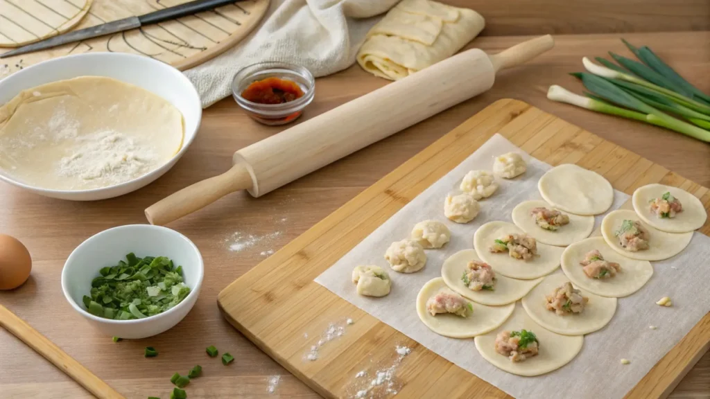 Rolling dough and forming chicken dumplings, showcasing the step-by-step process.