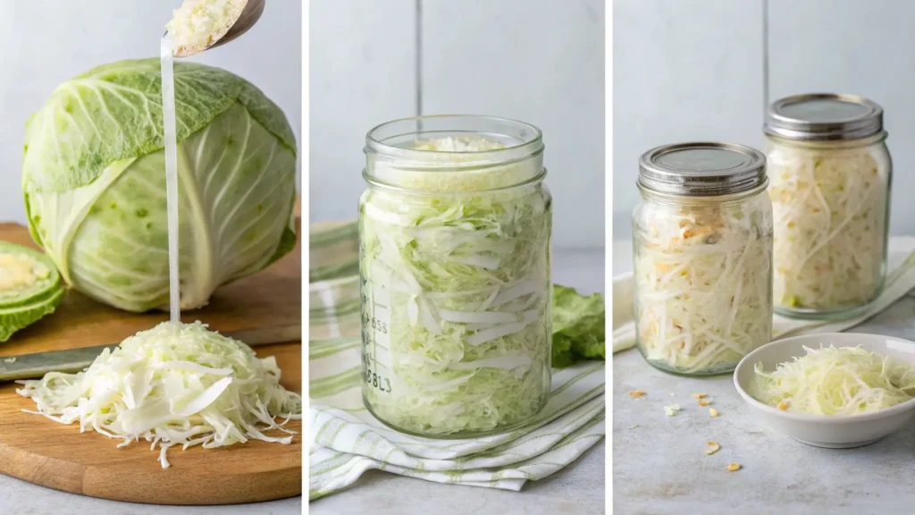 A step-by-step guide showing the preparation of coal miner’s sauerkraut, including shredding cabbage, salting, and packing into jars for fermentation.