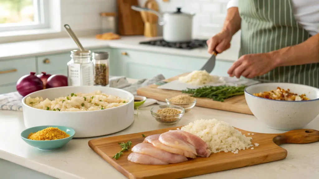 Fresh ingredients laid out for preparing French Onion Chicken and Rice, including chicken, rice, onions, and spices.