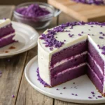 A slice of purple velvet cake showcasing vibrant purple layers, topped with smooth cream cheese frosting and purple sprinkles, perfect for special occasions.