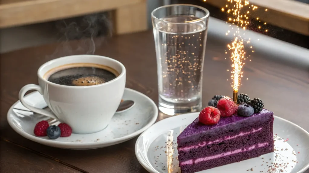 A slice of purple velvet cake paired with coffee and sparkling water, offering a perfect dessert experience.