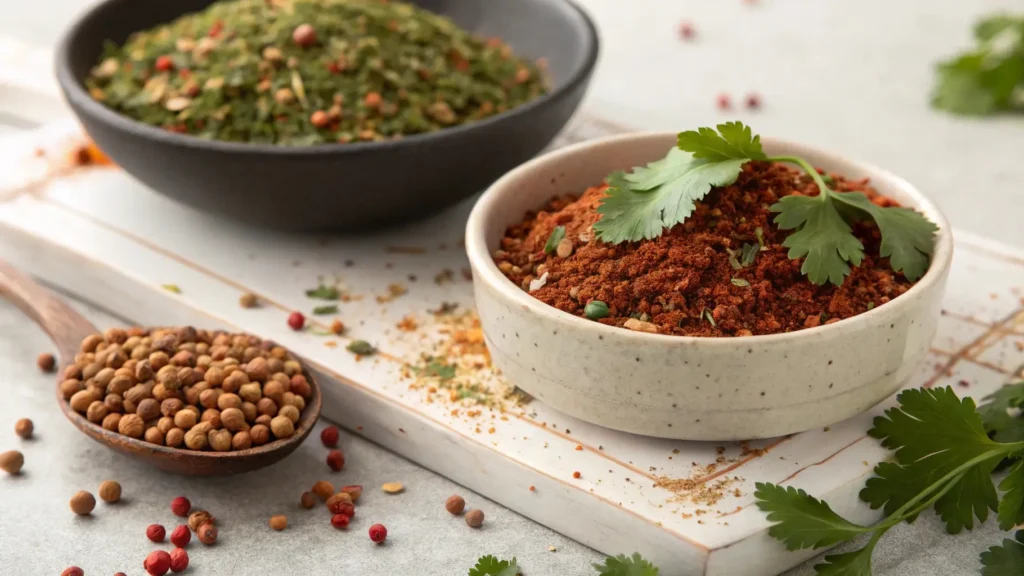 A close-up of Sazon seasoning with coriander and annatto, showcasing its vibrant color and aromatic texture.