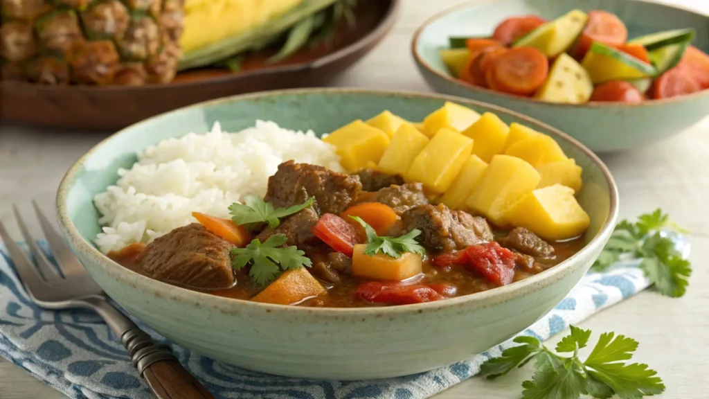 A delicious serving of Hawaiian beef stew with rice and tropical fruits, ready to be enjoyed as a perfect family meal.