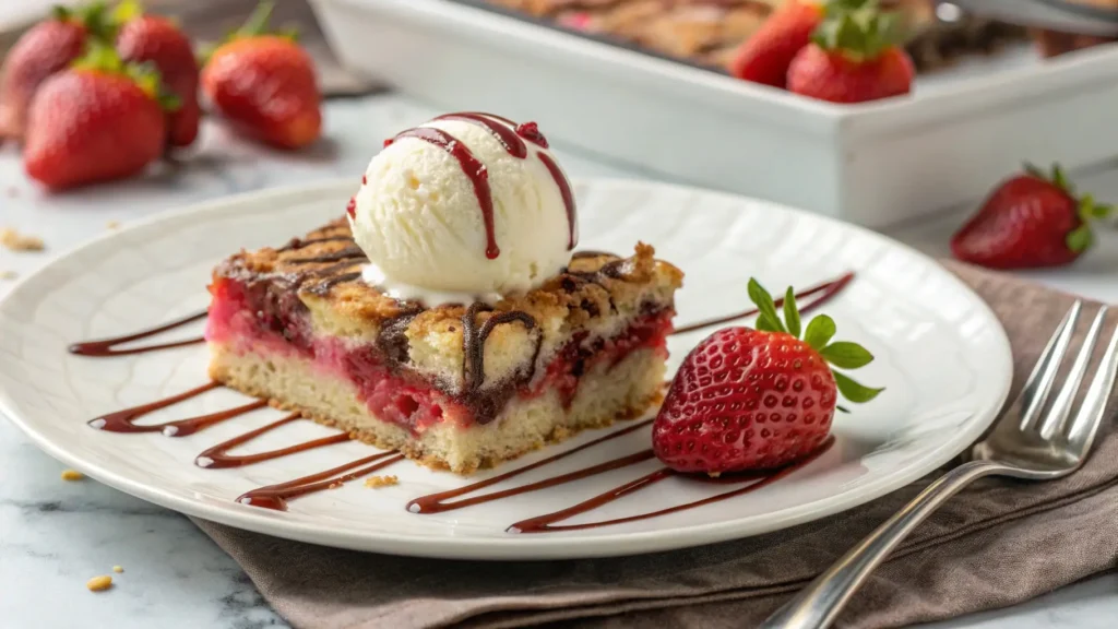 A slice of strawberry earthquake cake served with vanilla ice cream, fresh strawberries, and chocolate drizzle on a dessert plate.
