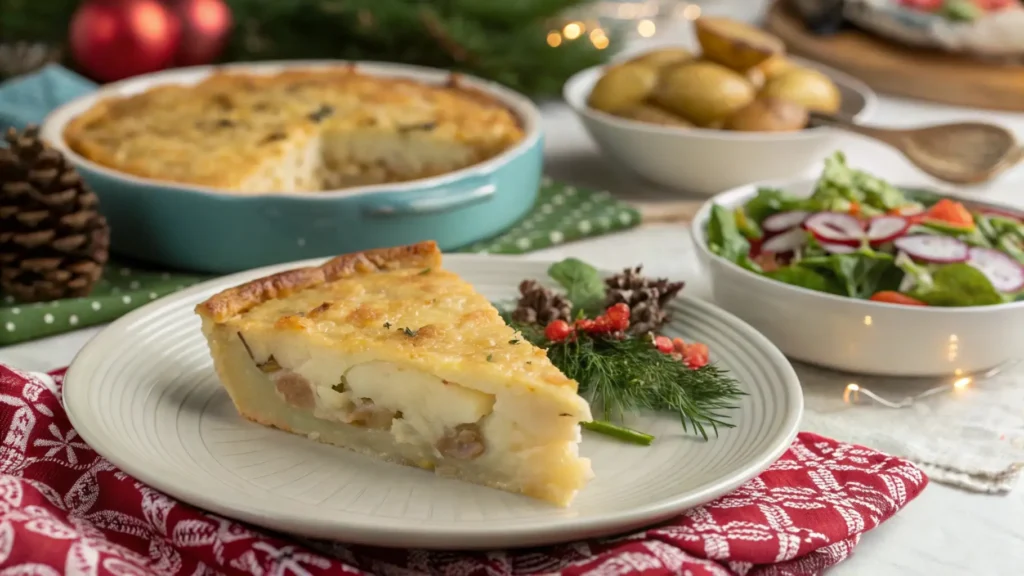 A slice of potato pie served with a fresh salad, perfect for holiday meals.