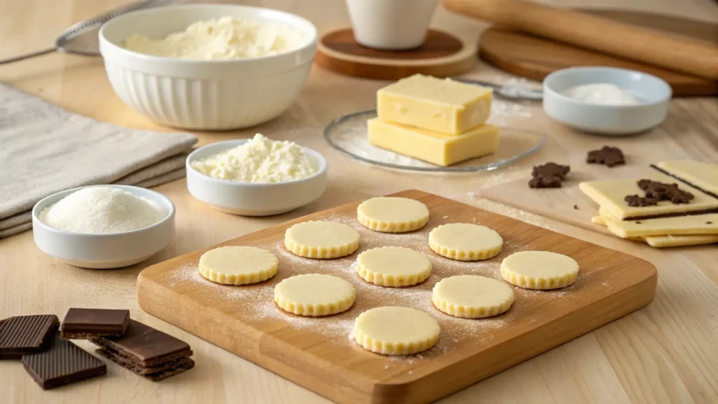 Ingredients for making Shiroi Koibito cookies, including butter, flour, and white chocolate filling, on a kitchen counter.