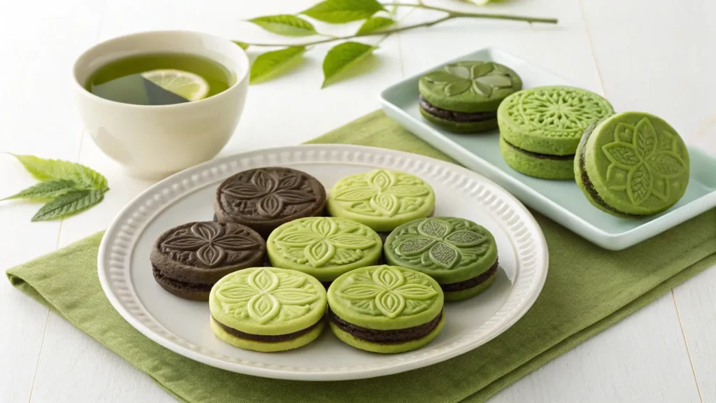 A variety of Shiroi Koibito cookies with matcha and dark chocolate variations, showcasing unique flavor twists.