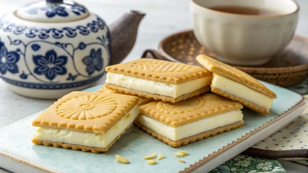 Close-up of Shiroi Koibito cookies with golden edges and creamy white chocolate filling, perfect for a Japanese dessert experience.