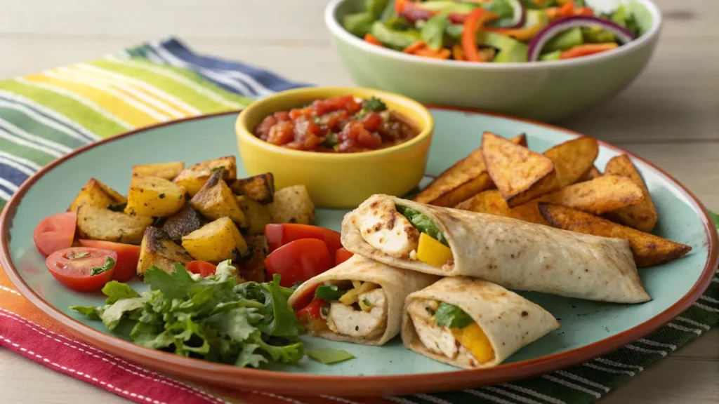 Delicious side dishes like salad and roasted veggies served with cheesy garlic chicken wraps.