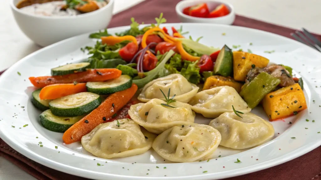  A delicious plate of chicken dumplings served alongside roasted vegetables and a fresh salad.