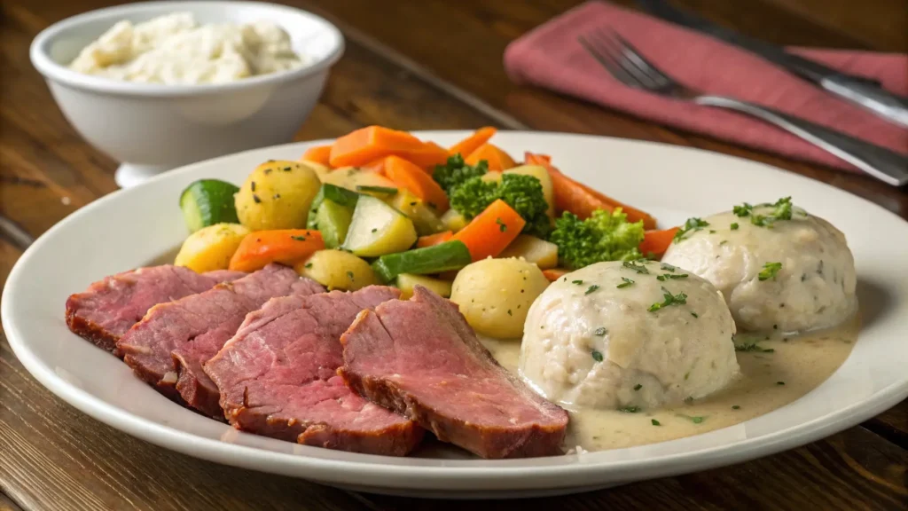 Chipped beef flour dumplings served with steamed vegetables and a fresh salad, ideal side dishes to complement the recipe.