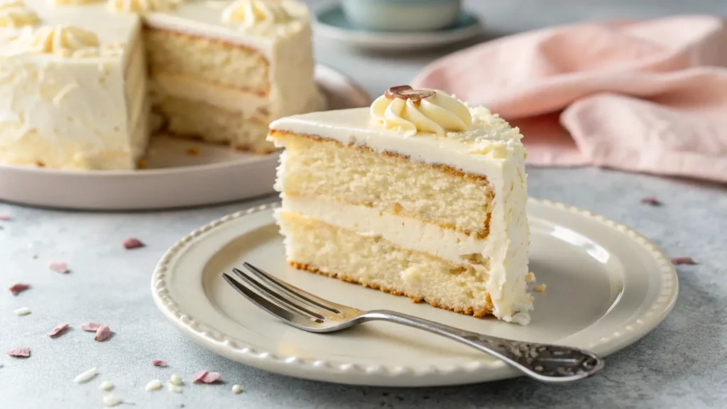 Close-up of a slice of moist gluten-free white chocolate cake with a perfect crumb texture, ready to be served.