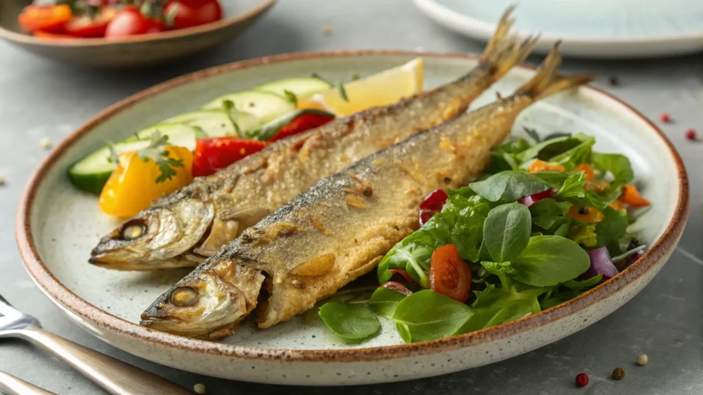 Smelt fish served with a healthy side of fresh vegetables, offering a balanced and nutritious meal.