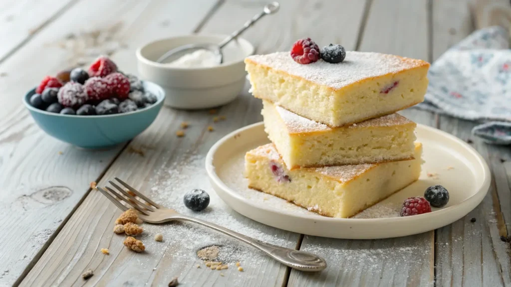 Stacked gluten-free white chocolate cake slices with fresh berries, perfect for serving or storing for later enjoyment.