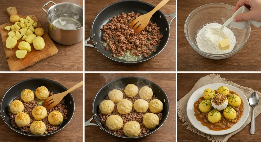 A visual guide showing the process of making chipped beef, flour dumplings, and potato in six easy steps.