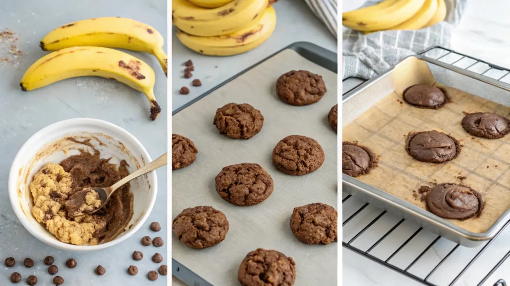 A visual guide showing the steps to make Brownie box mix with banana for cookies, from mixing mashed bananas with brownie mix to baking and cooling.