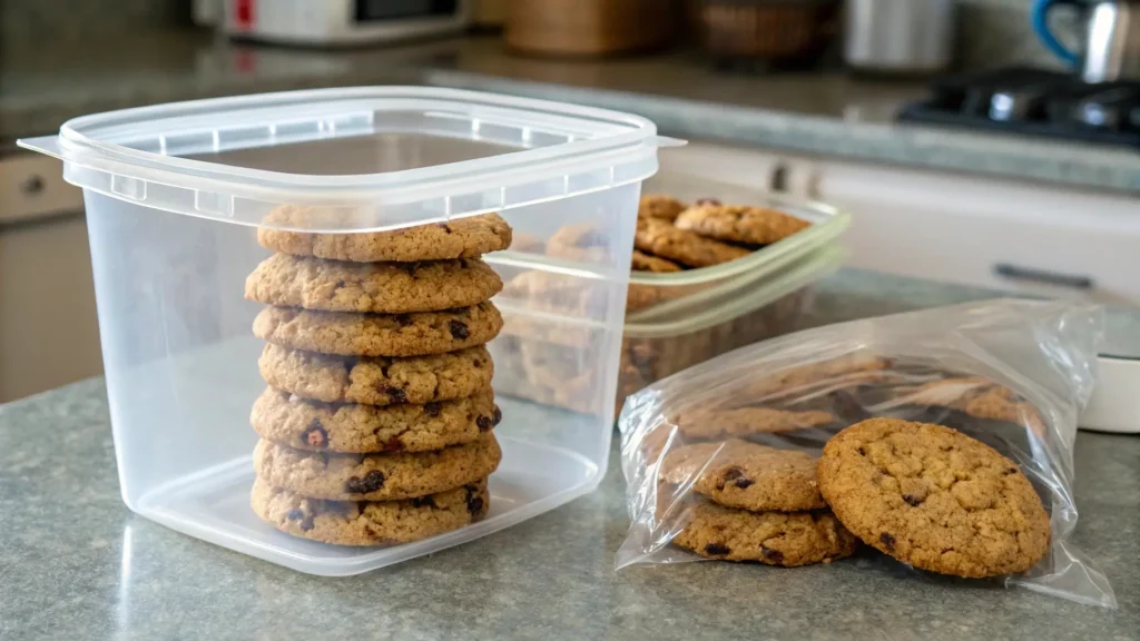 Proper storage and freezing of oatmeal raisin cookies in airtight containers.