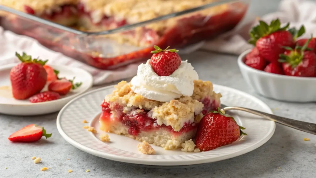 A delicious plate of strawberry cheesecake dump cake with whipped cream and fresh strawberries, ready to serve as a perfect dessert.