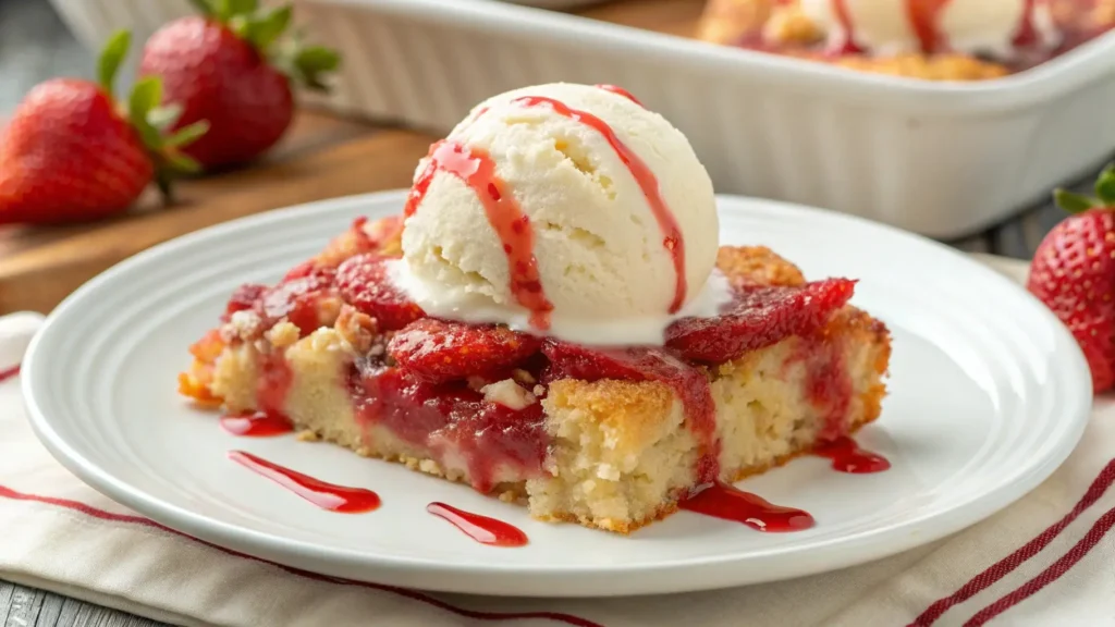 A delicious serving of strawberry cheesecake dump cake topped with vanilla ice cream and strawberry sauce, perfect for a refreshing dessert.