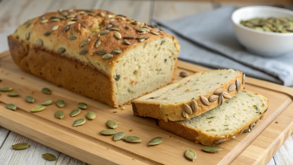 Fresh sunflower pumpkin seed bread loaf with a crunchy, seed-filled crust, sliced to showcase texture.