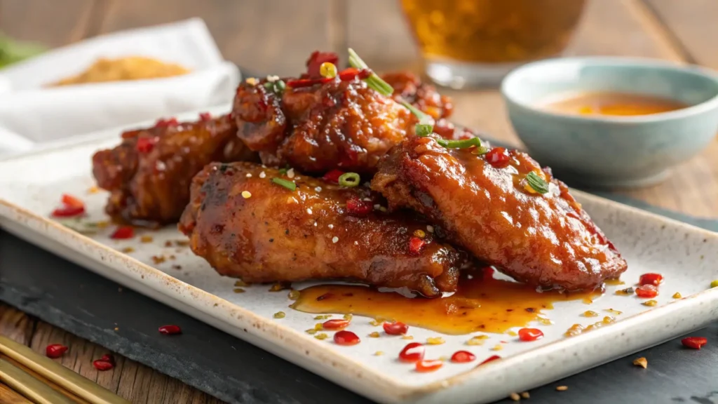 A close-up of sweet and spicy Dulce Chile Chicken Wings with chili flakes and sauce, highlighting the perfect balance of flavors.