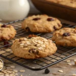 Freshly baked oatmeal raisin cookies on a cooling rack, showcasing their soft and chewy texture with golden edges and plump raisins.