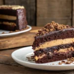 Slice of Brooklyn Blackout Cake with rich chocolate layers and creamy pudding filling, topped with crumbled chocolate cake.