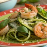 A healthy and delicious plate of Pesto Langostino Zucchini, with succulent langostinos, zucchini noodles, and fresh basil, topped with homemade pesto sauce and Parmesan. Perfect for a low-carb, keto-friendly meal.