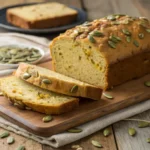 Sliced sunflower pumpkin seed bread with a soft interior and crunchy seed topping, perfect for a healthy snack or breakfast.