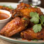 Delicious and crispy South Boston VA Dulce Chile Chicken Wings garnished with fresh cilantro and a side of dipping sauce, offering the perfect balance of sweet and spicy flavors.