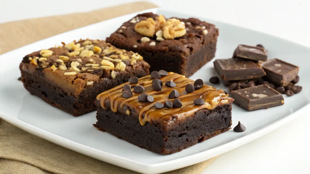 Different variations of heavenly hash brownies topped with nuts, caramel drizzle, and chocolate chips on a plate.