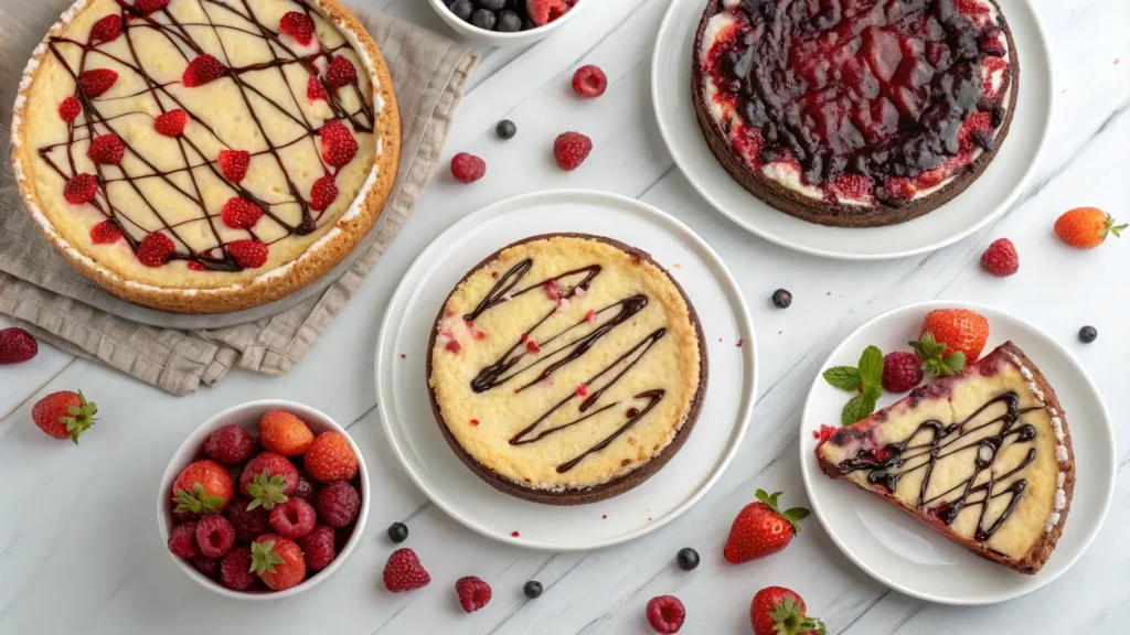 Multiple variations of strawberry cheesecake dump cake, showcasing different toppings like chocolate drizzle and fresh berries.