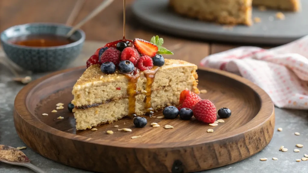 Vegan oat cake with berries and maple syrup, showcasing a healthy, plant-based dessert option.