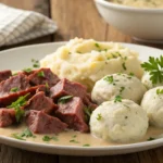 A hearty serving of chipped beef flour dumplings potatoes recipe, garnished with fresh parsley, perfect for a comforting family meal.