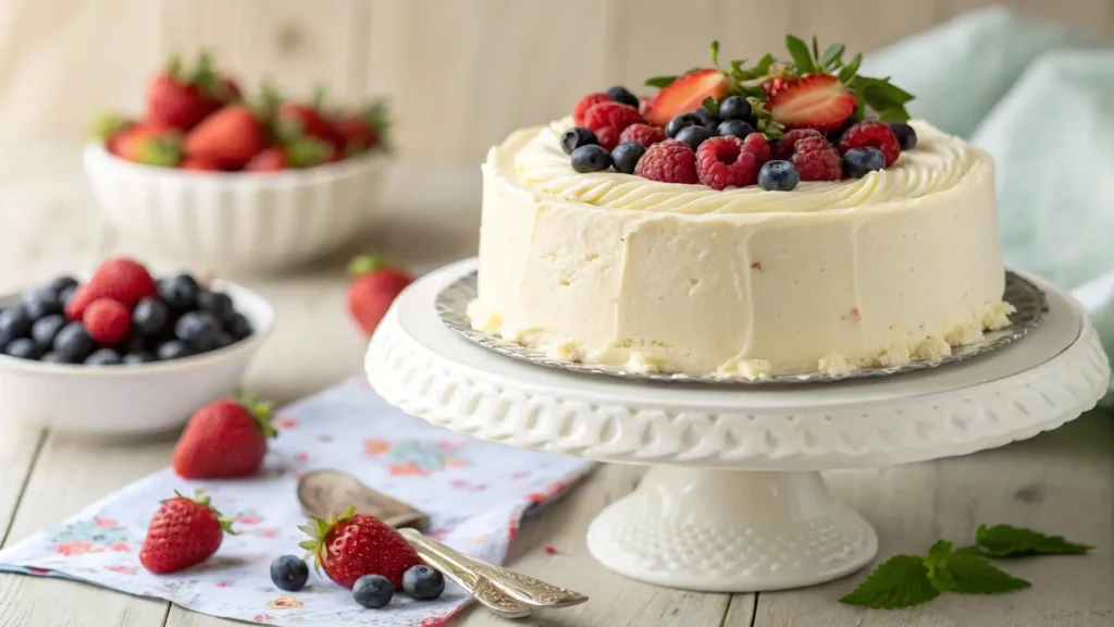 Delicious gluten-free white chocolate cake on a stand, surrounded by fresh berries, perfect for your next dessert celebration.