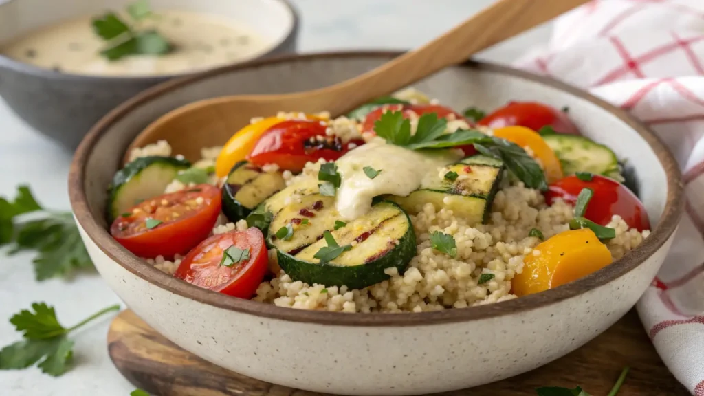 Fresh quinoa salad with roasted vegetables and tangy lemon tahini dressing, garnished with parsley for a nutritious and colorful meal.