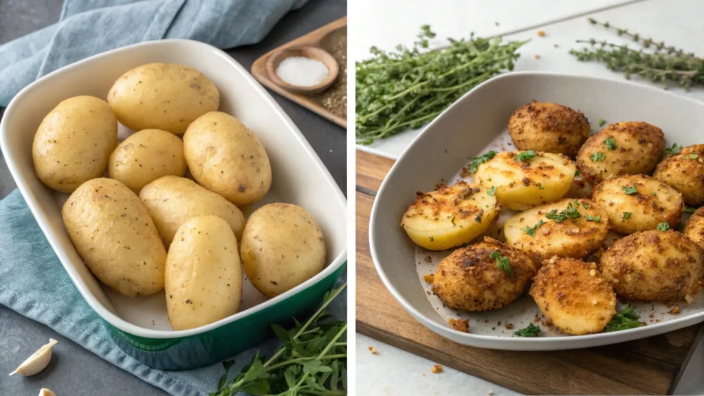 A side-by-side view of raw scored potatoes and crispy, golden-brown parmesan potatoes with a crunchy texture.