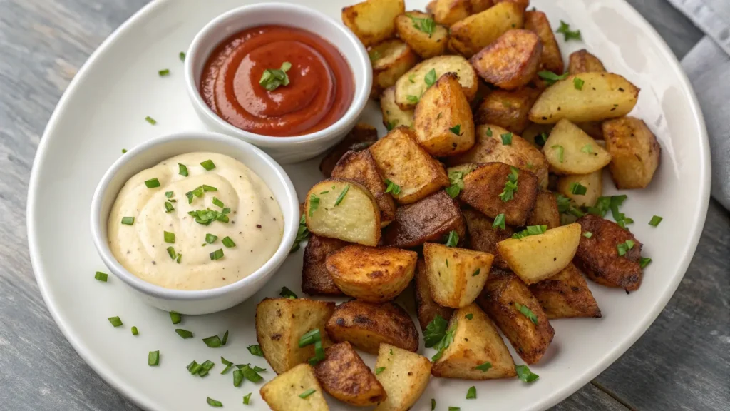 A plate of crispy parmesan potatoes with three dipping sauces: garlic aioli, ranch dressing, and spicy sriracha mayo.