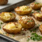 A baking sheet filled with crispy garlic butter parmesan potatoes, golden brown with a crunchy parmesan crust and garnished with fresh parsley.