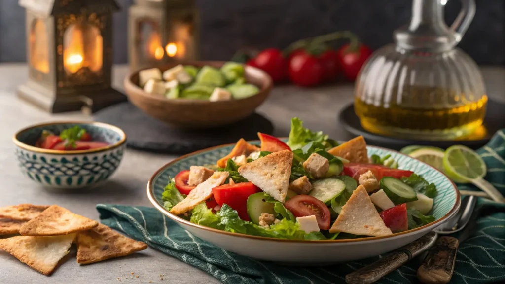 Fattoush salad served at Iftar, with colorful fresh vegetables and crispy pita chips, perfect for a healthy Ramadan meal.